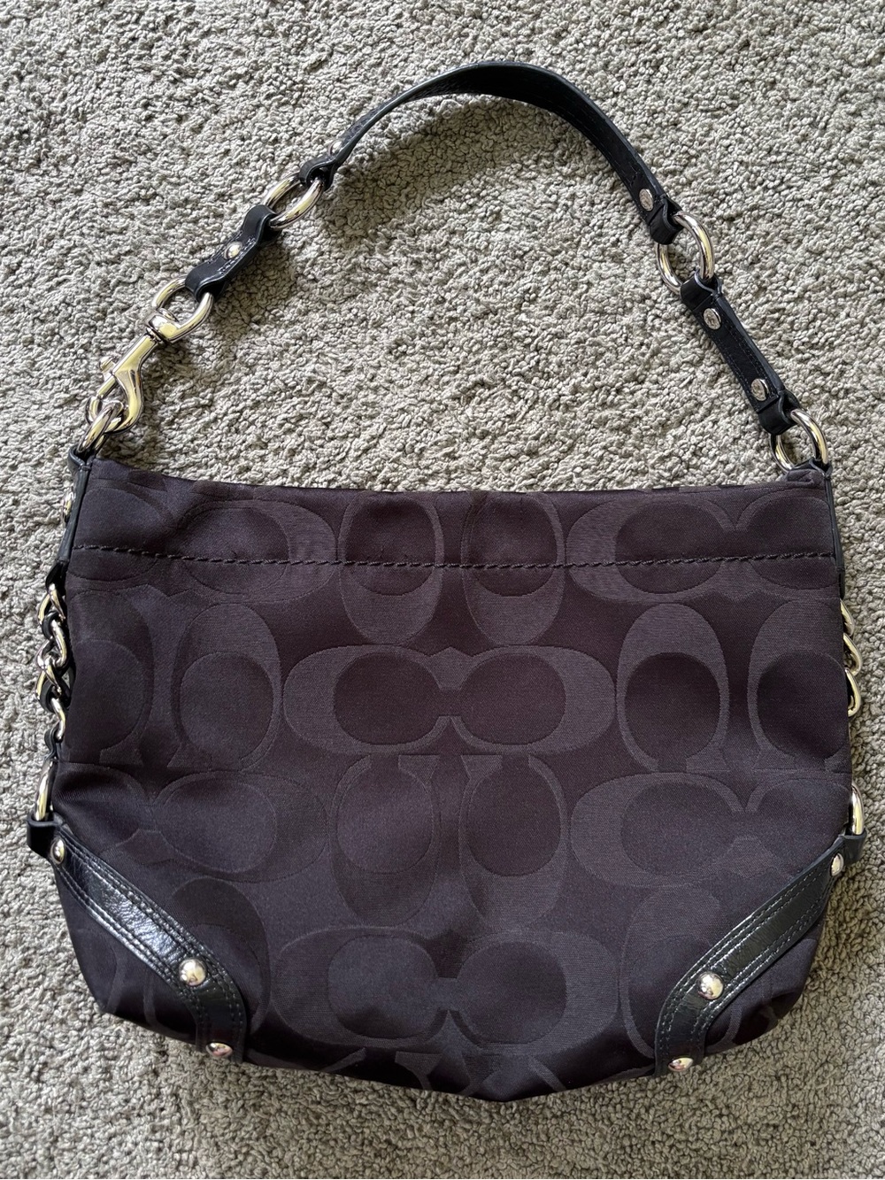 Coach Signature Carly Purse Black Silver Hardware Satin Purple Interior